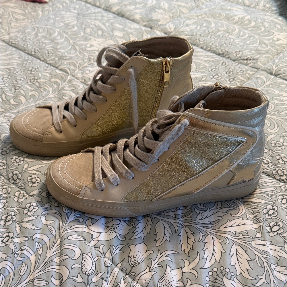 ShuShop High-Top Sneakers in Taupe with Gold Glitter Accents
